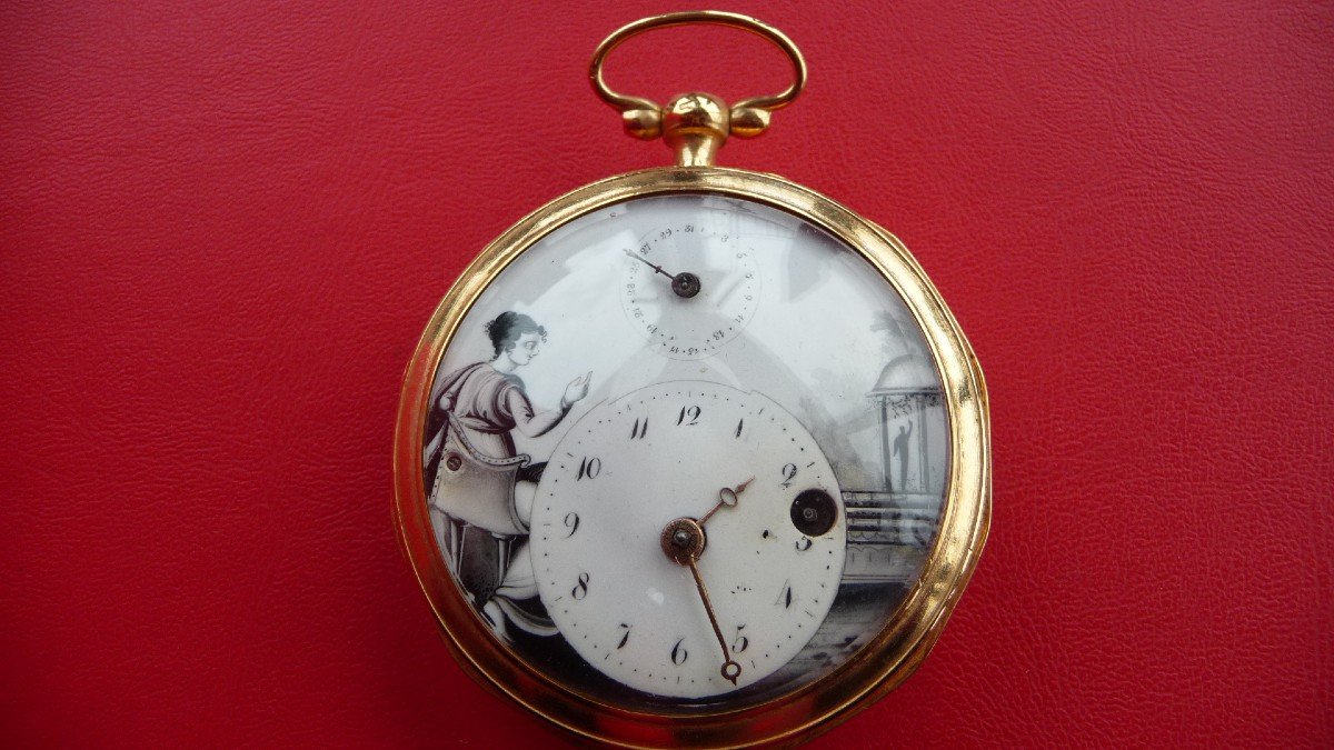 Superb Watch With Enameled Decor And Dates Of The Month In Vermeil, Late 18th Century.