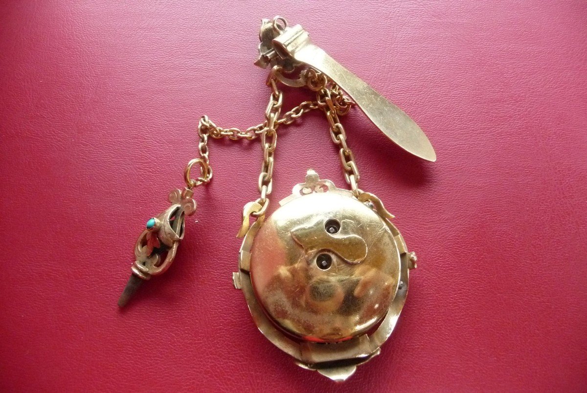 Belle Montre Chatelaine En Vermeil d'époque Napoléon III Sertie De Pierres Précieuses.-photo-2