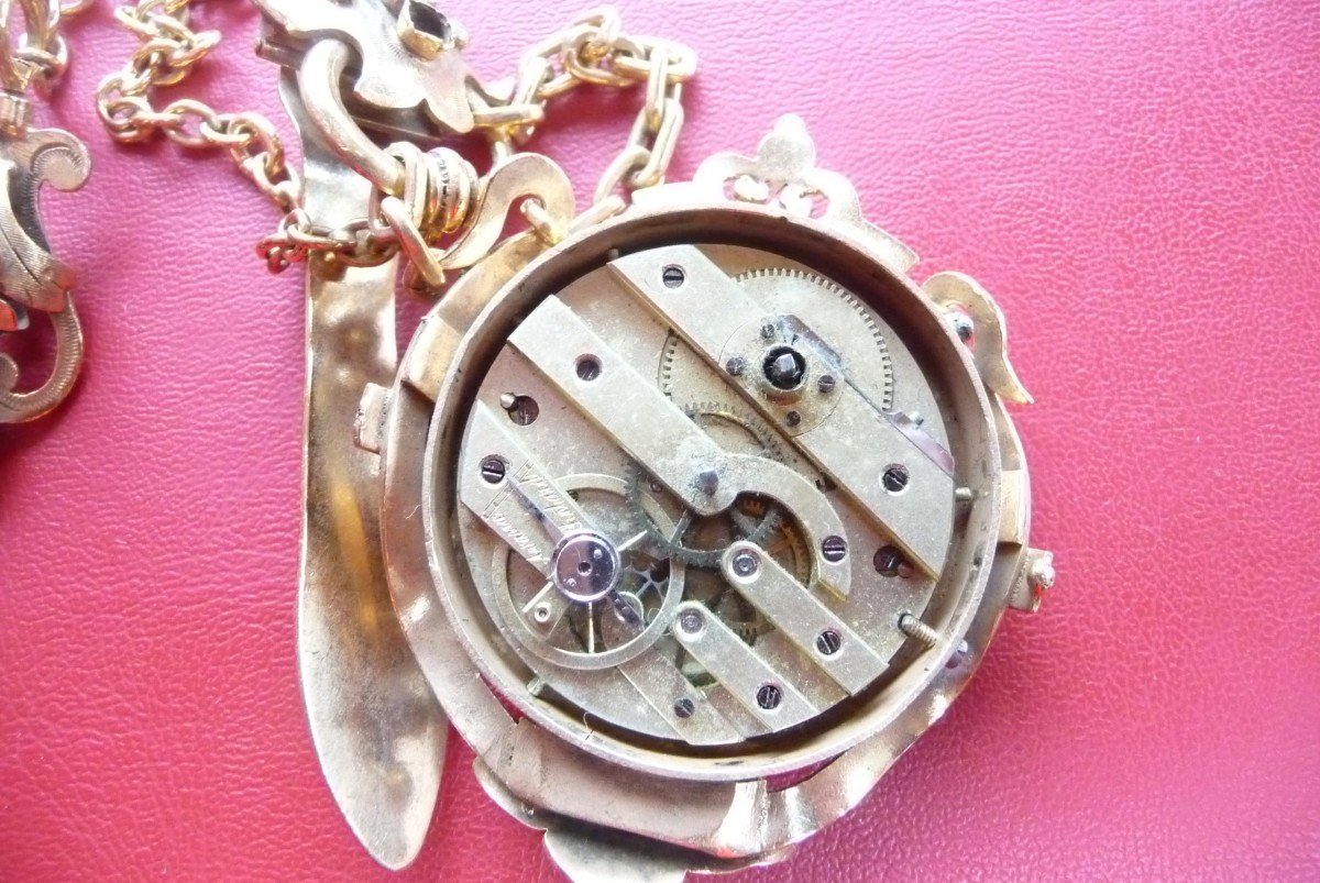 Belle Montre Chatelaine En Vermeil d'époque Napoléon III Sertie De Pierres Précieuses.-photo-3