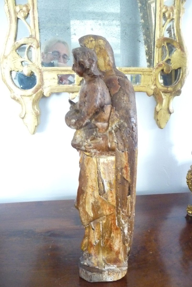 Vierge: Belle Vierge à l'Enfant En Bois, Avec Beaux Restes De Dorure Et De Polychromie, 17 ème-photo-4