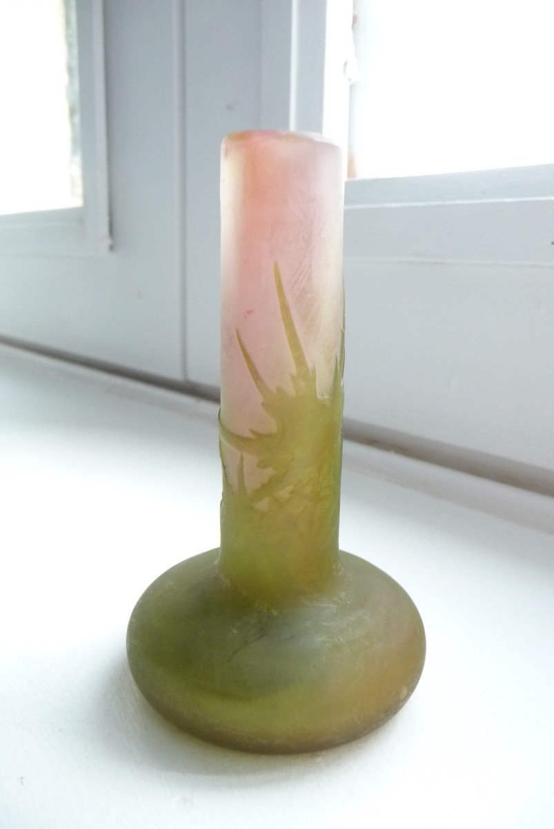 Miniature Acid-etched Glass Vase With Pink And Green Floral Decoration By Emile Gallé, Circa 1910