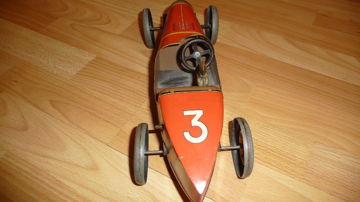 Jep Toy: Red Tin Toy Racing Bugatti, Spring Engine. Produced From 1928 To 1936-photo-4