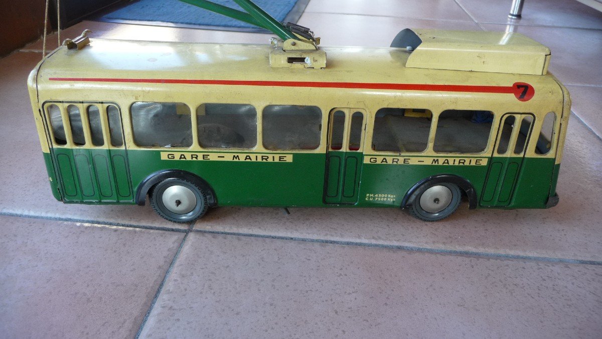 Trolley Bus (joustra) In Sheet Metal From The 50s. Mechanical Motor With Key, Battery-powered Headlights, Supplied.-photo-2