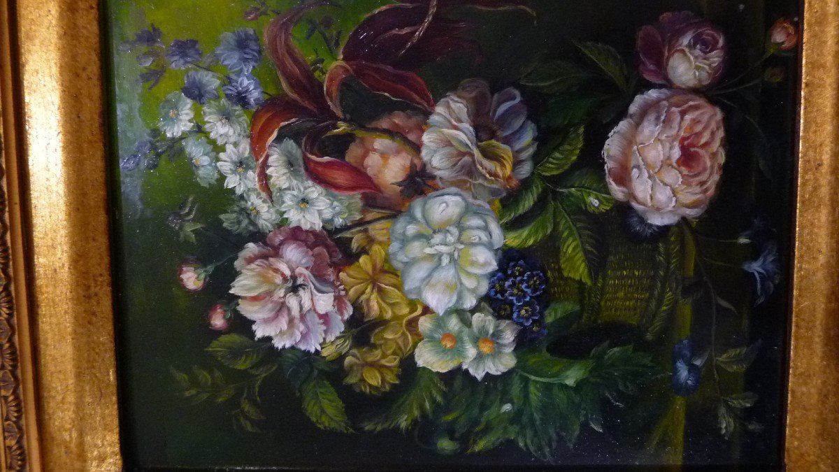 Tableau:  huile sur panneau, Figurant Un Bouquet De Fleurs , époque Début XXème.-photo-2