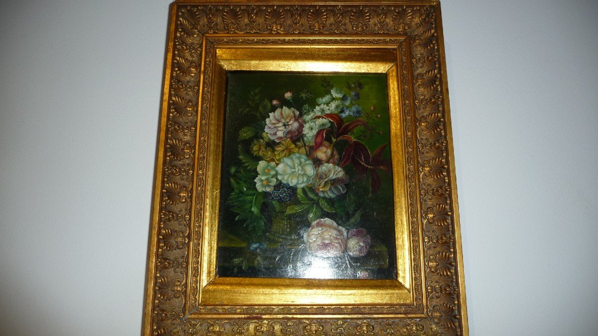 Tableau:  huile sur panneau, Figurant Un Bouquet De Fleurs , époque Début XXème.-photo-3