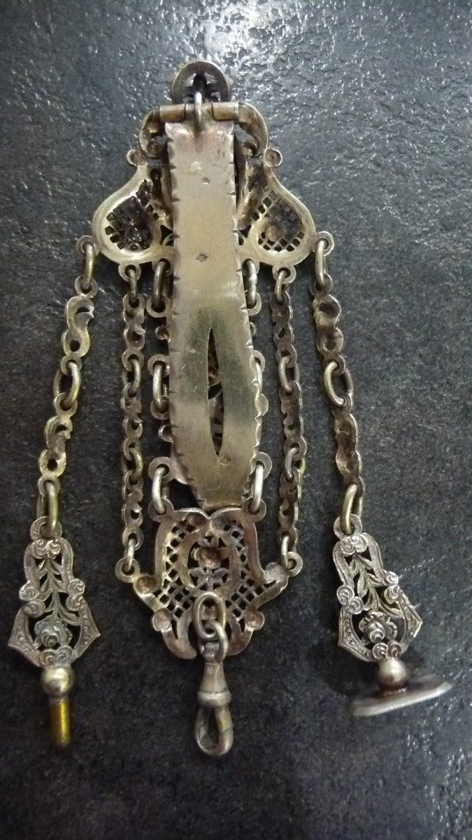 18th Century Chatelaine Entirely Chiseled In Solid Silver For Antique Watch-photo-3