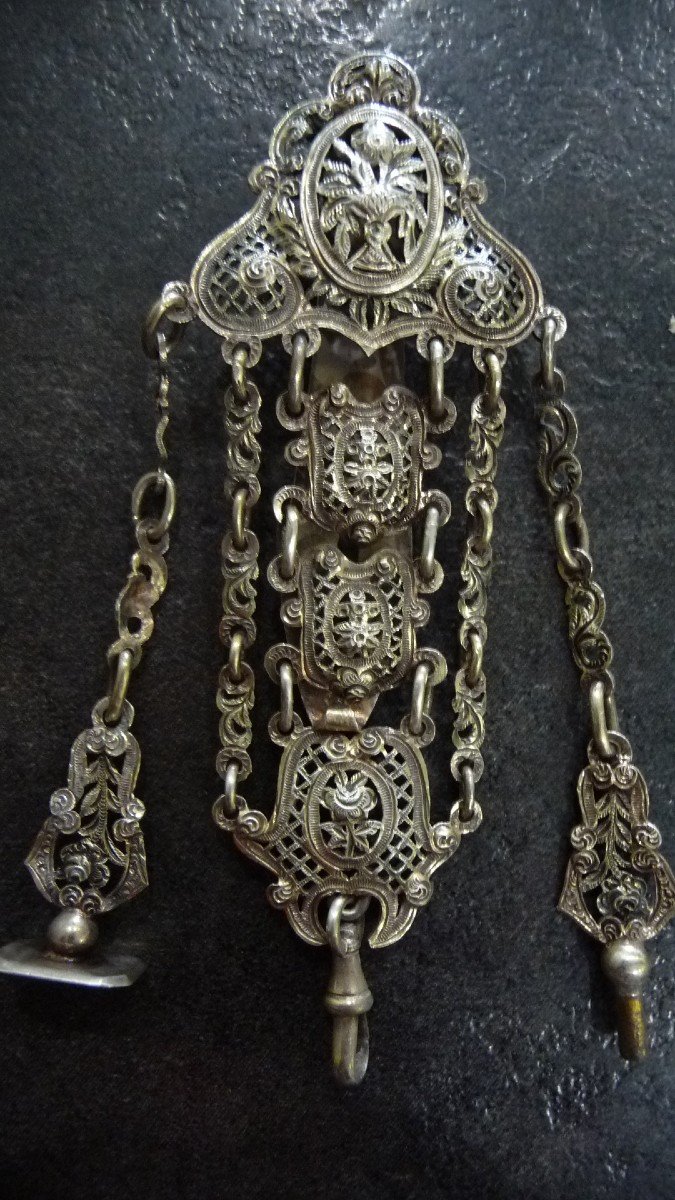 18th Century Chatelaine Entirely Chiseled In Solid Silver For Antique Watch