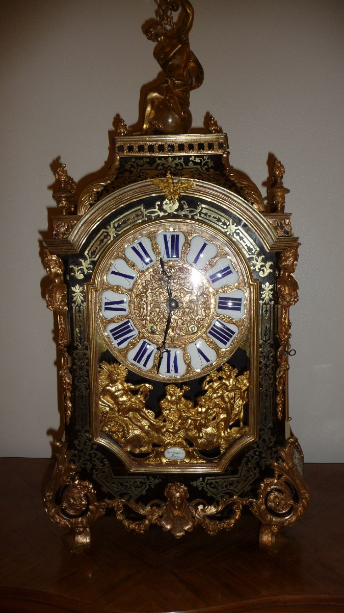 Large Louis XIV Style Boulle Marquetry Cartel Clock With Rich Bronze Ornamentation 