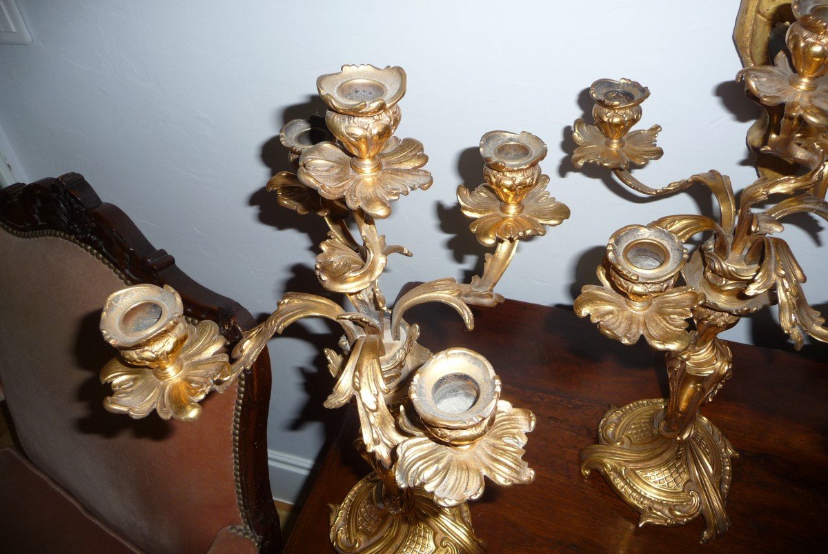 Pair Of Candelabras In Gilt Bronze, Louis XV Style, With Five Arms Of Light.-photo-4