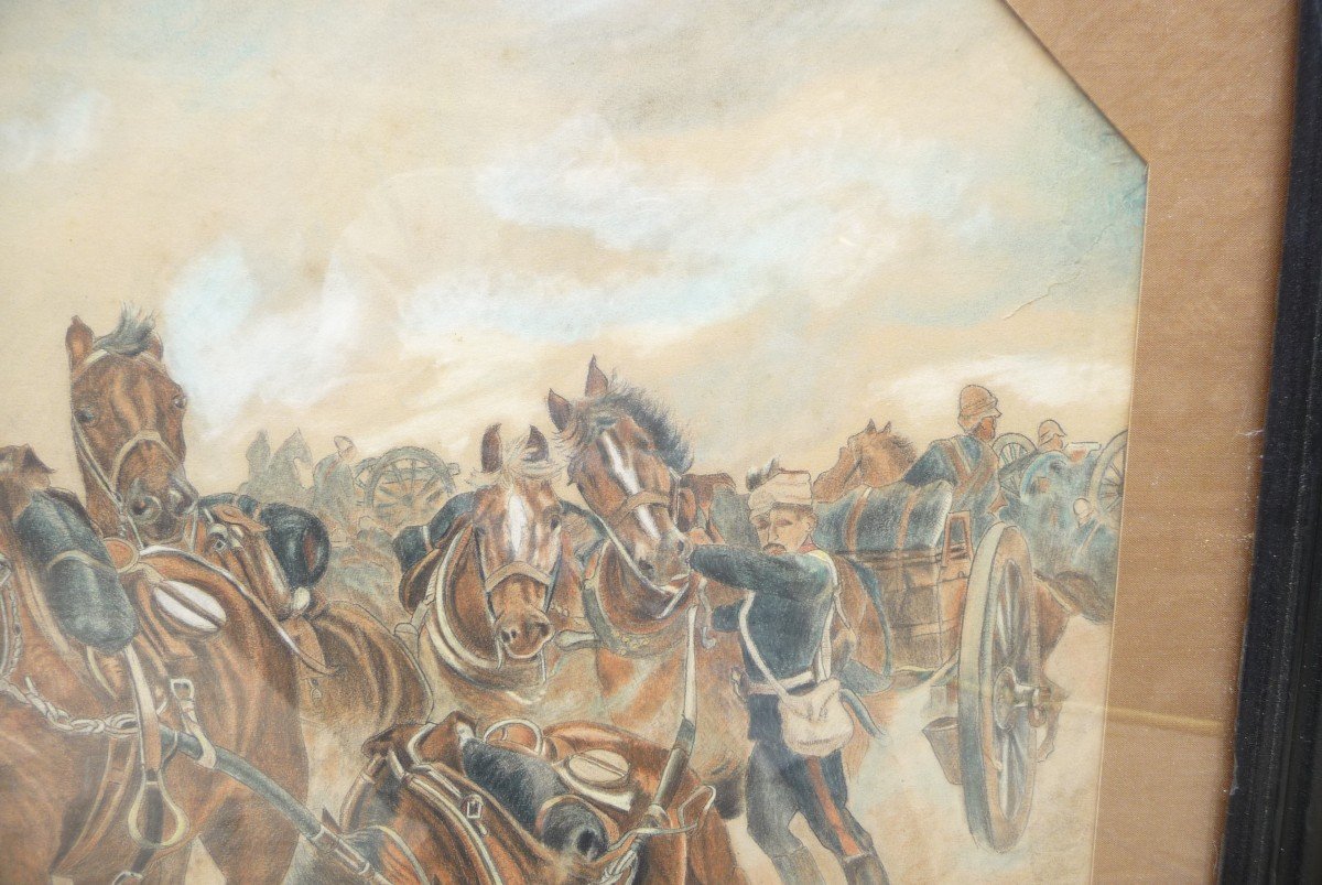 Large Watercolor. Soldiers And Horses, Circa 1870.-photo-2