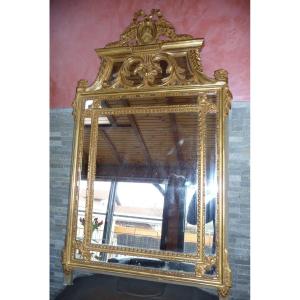 Large And Beautiful Mirror In Golden Wood, With (beads) In Louis XVI Style.