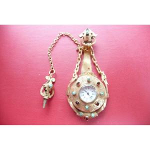 Beautiful Chatelaine Watch In Vermeil From The Napoleon III Period Set With Precious Stones.