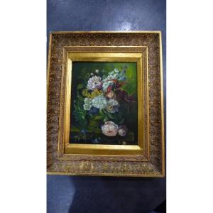 Tableau:  huile sur panneau, Figurant Un Bouquet De Fleurs , époque Début XXème.