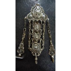 18th Century Chatelaine Entirely Chiseled In Solid Silver For Antique Watch