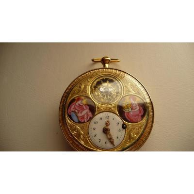 Proantic Montre Fin XVIIIeme Avec D cors Polychromes Et Coq Apparent