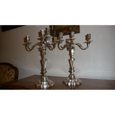 Pair Of Candelabra With 4 Branches In Silver Bronze Regency Style