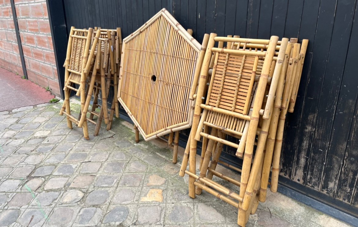 Ensemble Italien, Table Pliante Et Six Chaises Du Milieu Du XXe Siècle En Bambou-photo-3