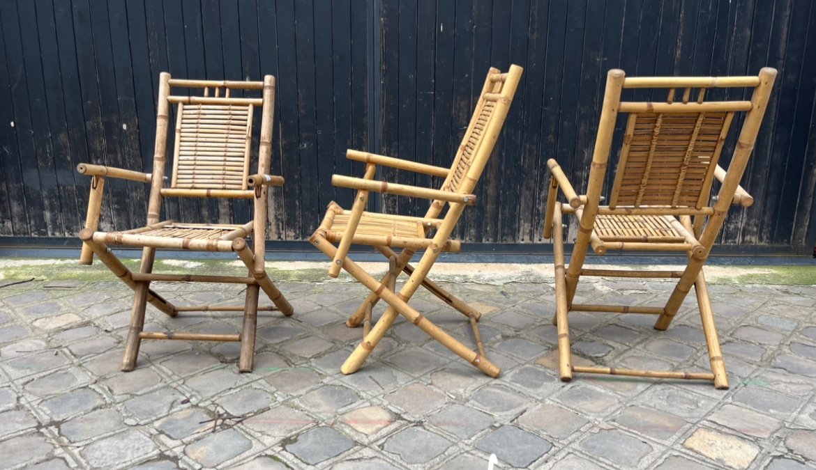 Ensemble Italien, Table Pliante Et Six Chaises Du Milieu Du XXe Siècle En Bambou-photo-3