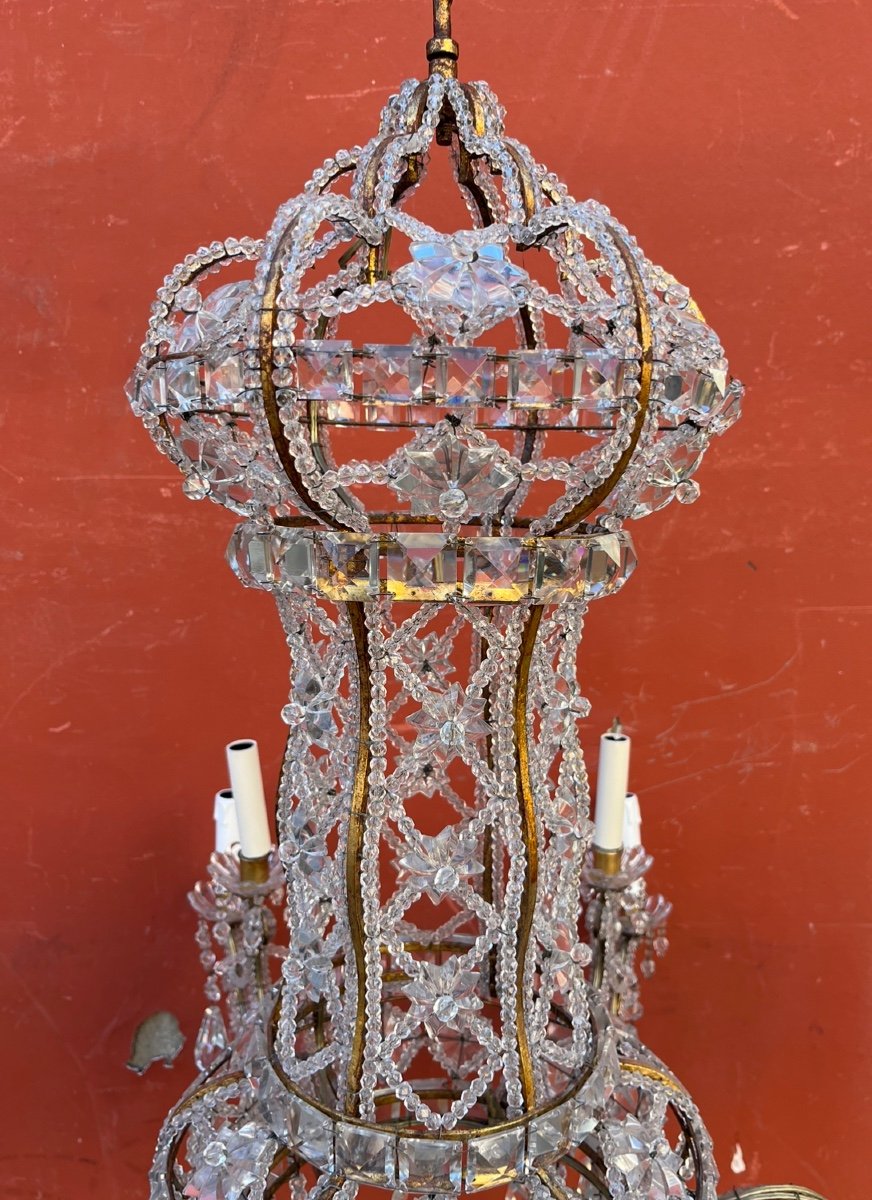 Italian Chandelier In Gilded Iron And Crystal, 20th Century -photo-2