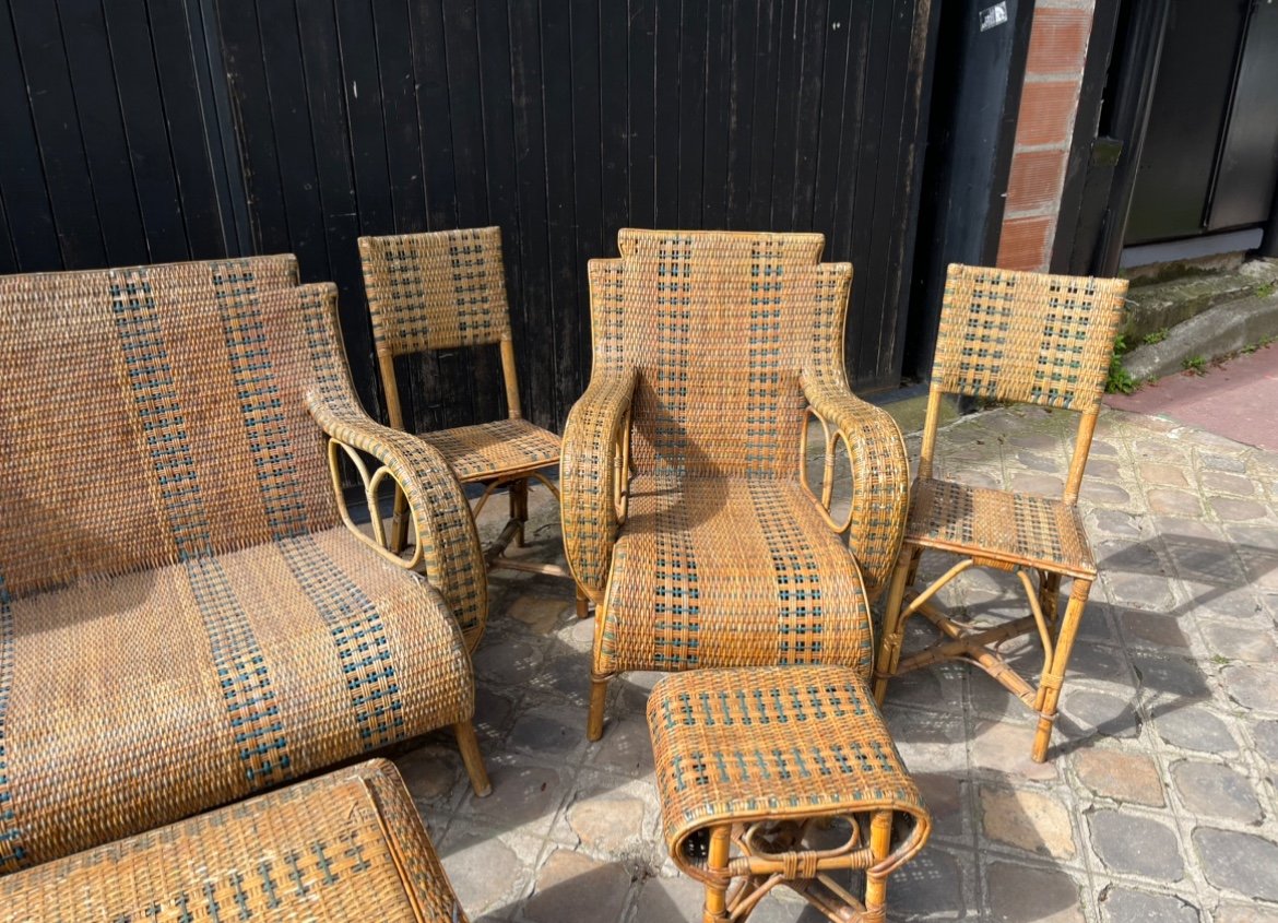 Garden Furniture Of 11 Rattan Objects, 20th Century -photo-2