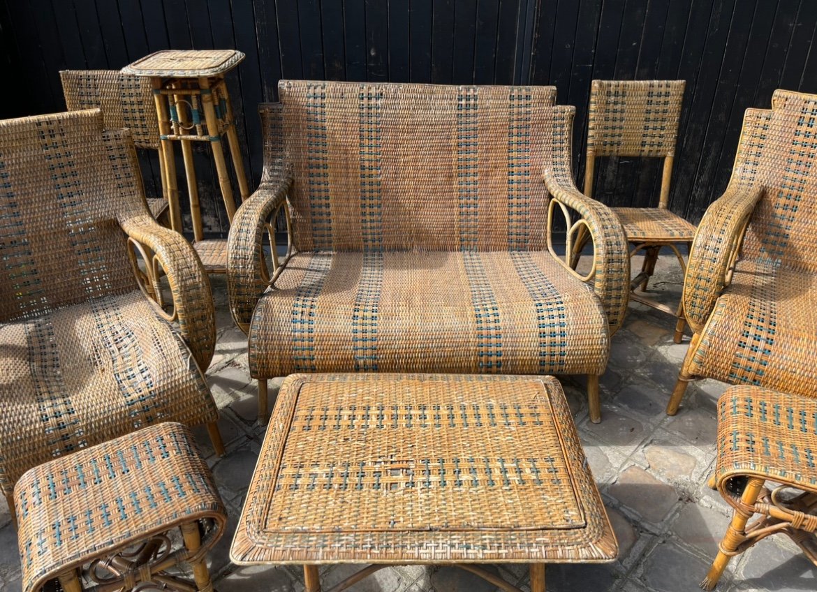 Garden Furniture Of 11 Rattan Objects, 20th Century -photo-3