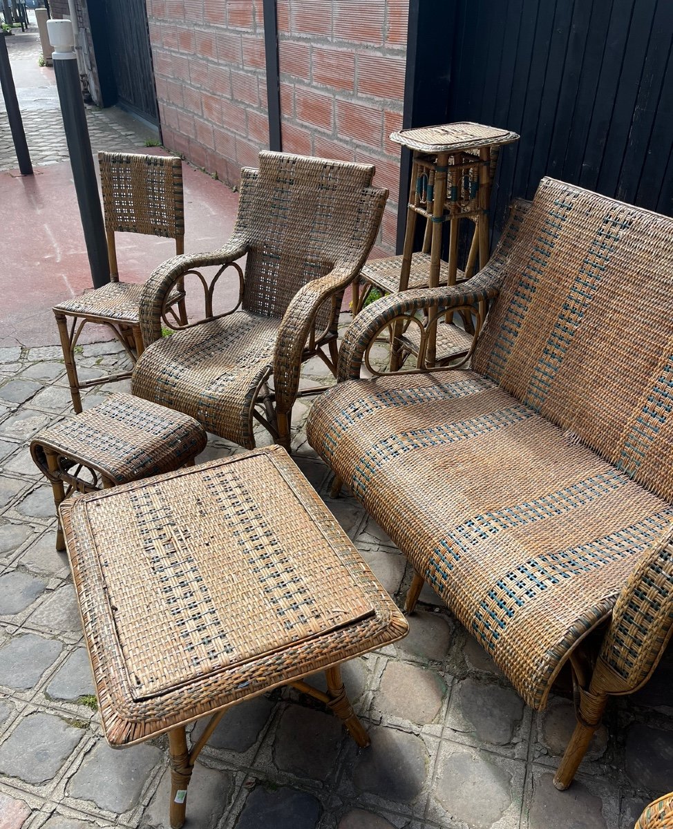 Garden Furniture Of 11 Rattan Objects, 20th Century -photo-2