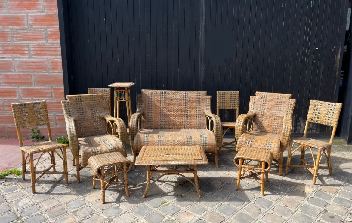 Garden Furniture Of 11 Rattan Objects, 20th Century 