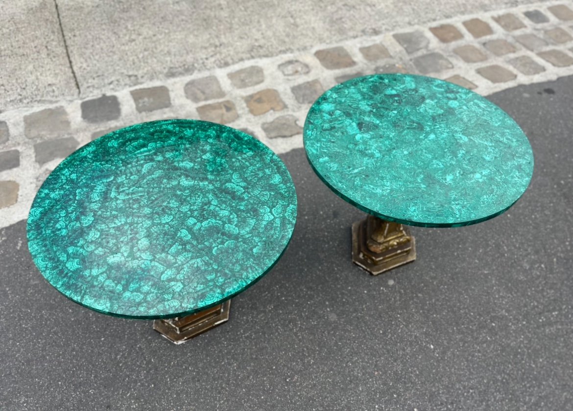 Pair Of Small Malachite Tray Pedestals 20 Th Century -photo-3