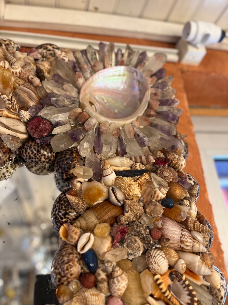 Mirror Decorated With Shells And Hard Stones, 20th Century -photo-3