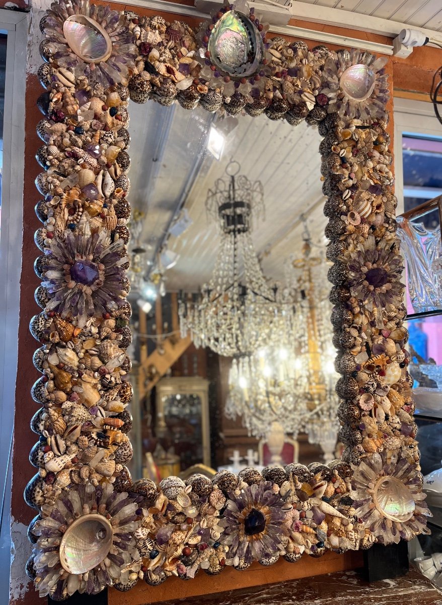 Mirror Decorated With Shells And Hard Stones, 20th Century 