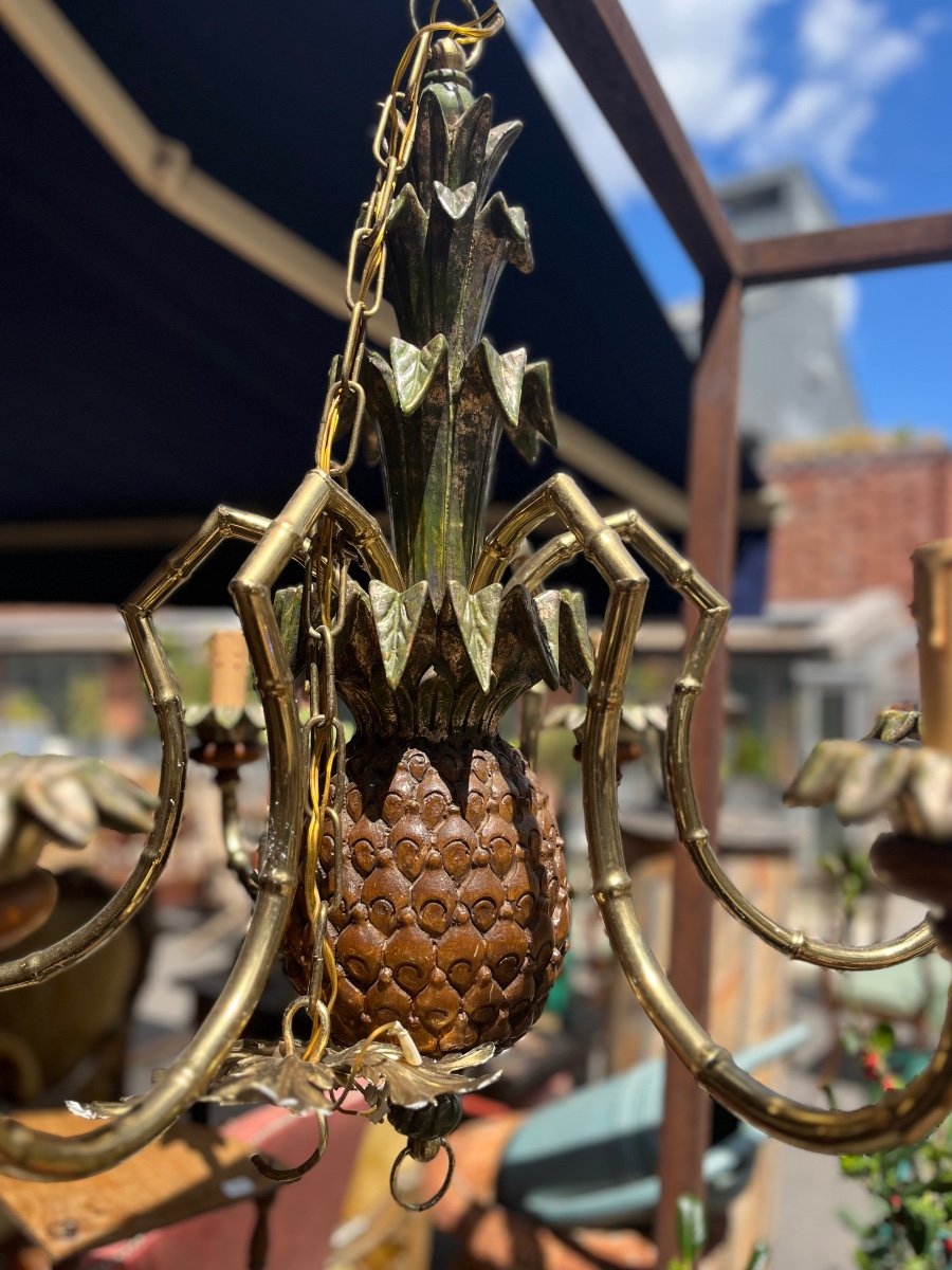 Lustre Ananas En Métal, Bronze Et Bois Des Années 70, XXe Siècle -photo-3