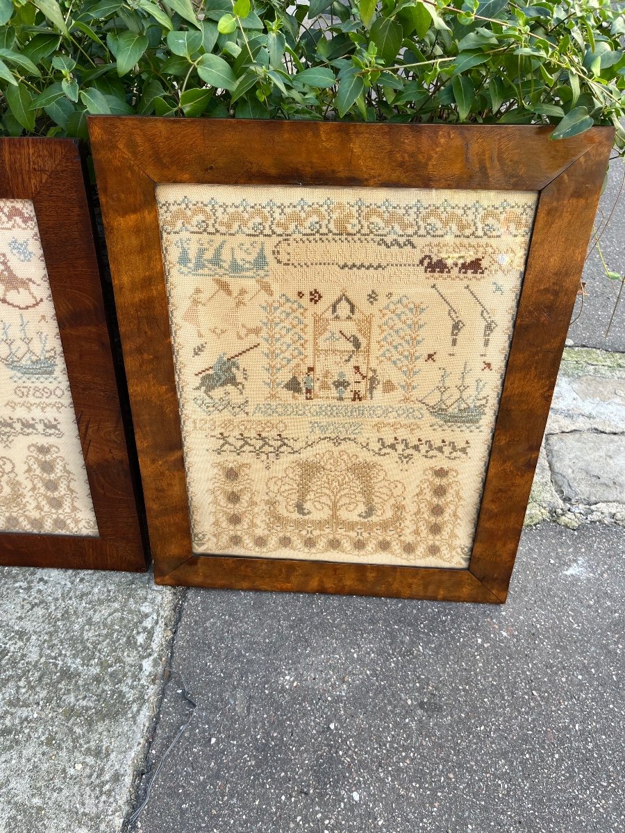 Pair Of Framed Cross Stitch Embroideries Early 20th Century -photo-1