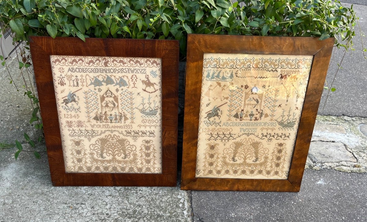 Pair Of Framed Cross Stitch Embroideries Early 20th Century 