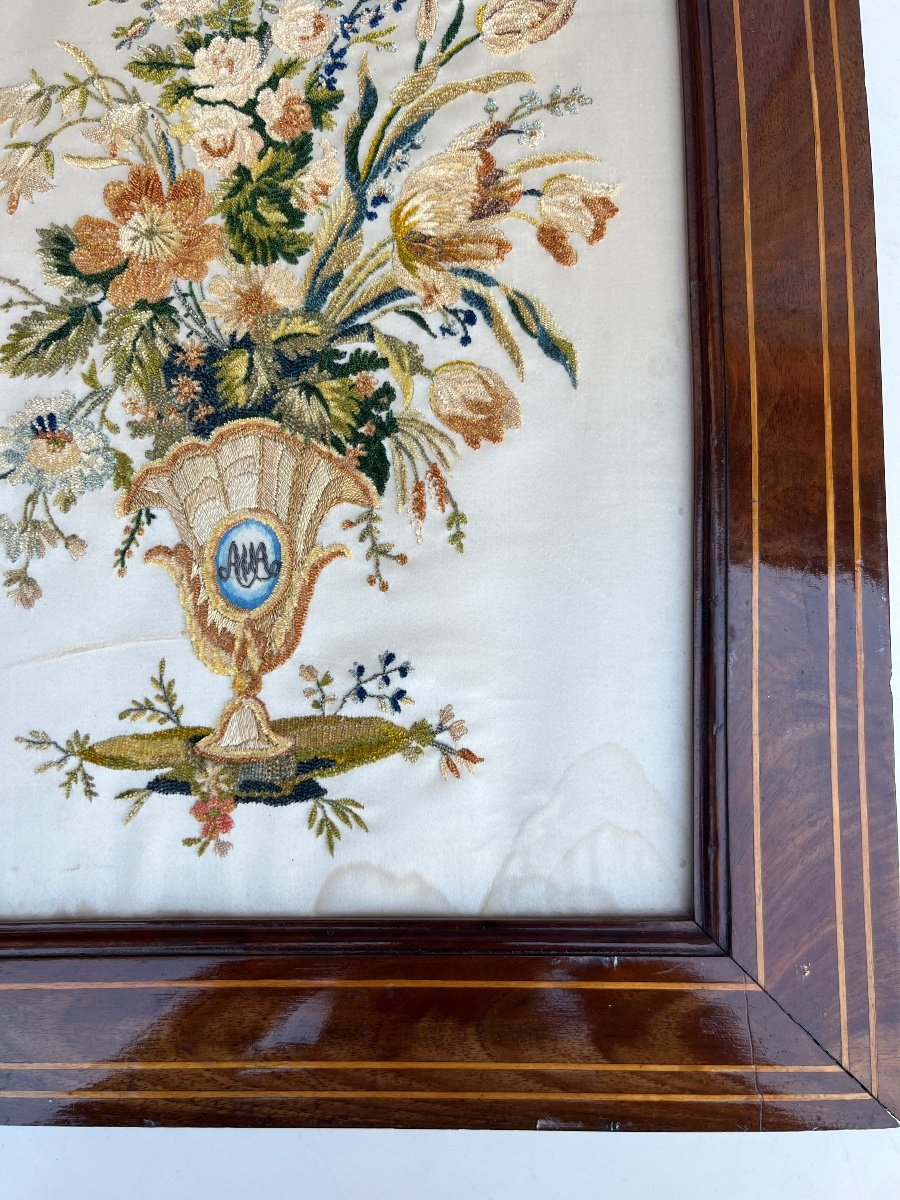 Embroidery On Silk, Chenille Pattern, Flower Vase Decoration, Early 19th Century -photo-4