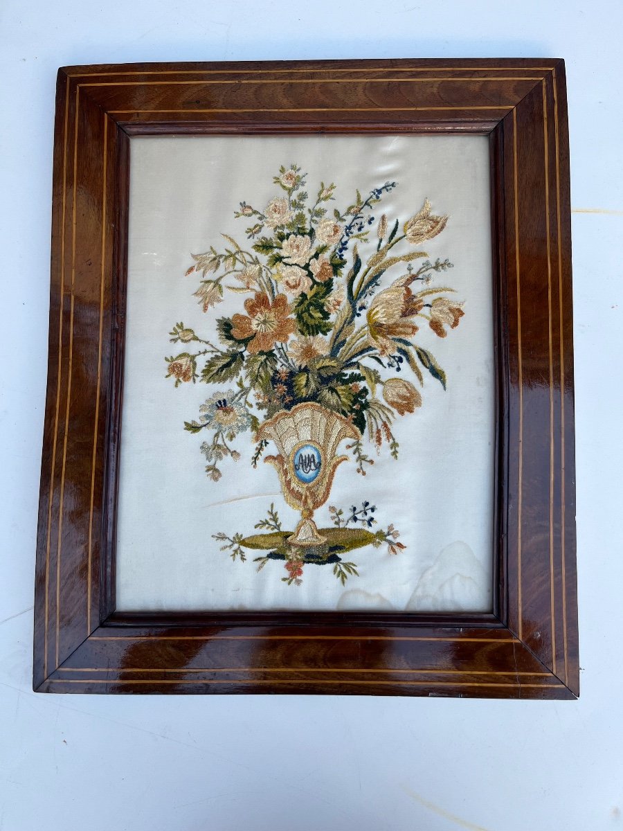 Embroidery On Silk, Chenille Pattern, Flower Vase Decoration, Early 19th Century -photo-2