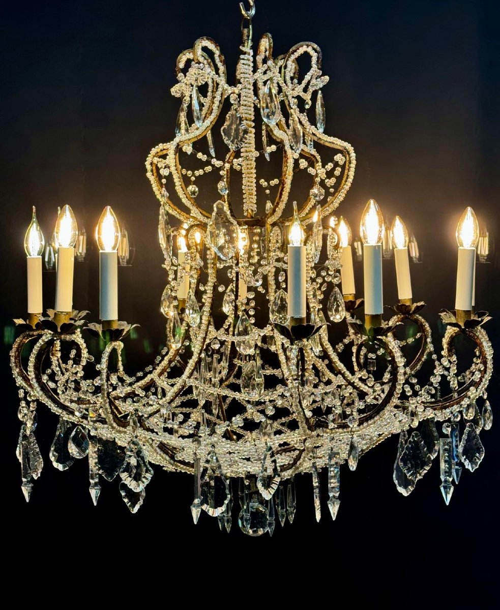 Italian Chandelier Late 19th Century Iron And Cut Pearls 12 Lights -photo-2