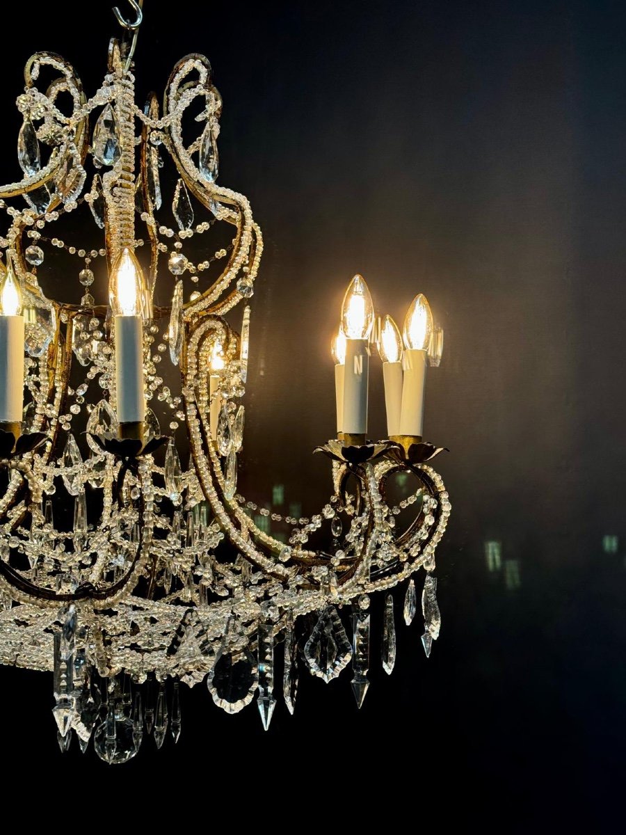 Italian Chandelier Late 19th Century Iron And Cut Pearls 12 Lights -photo-3