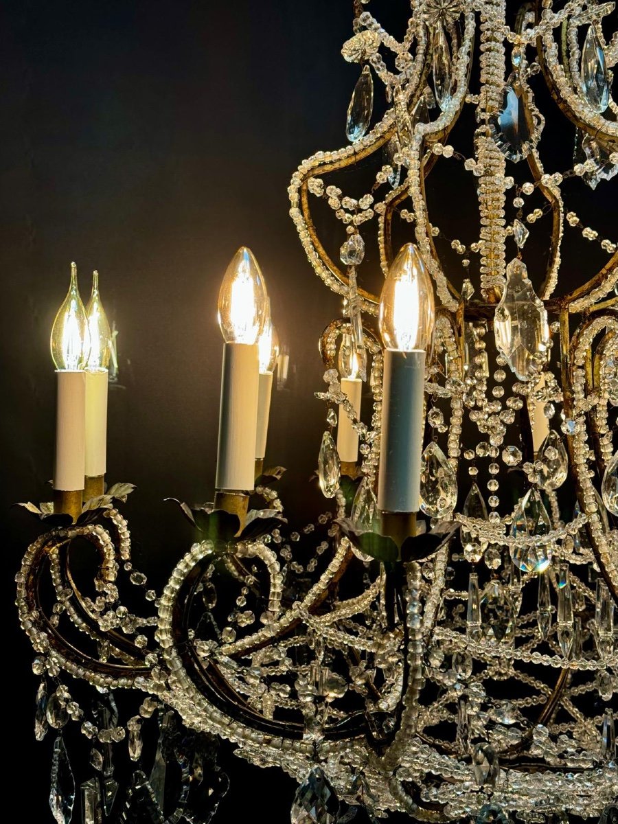 Italian Chandelier Late 19th Century Iron And Cut Pearls 12 Lights -photo-4