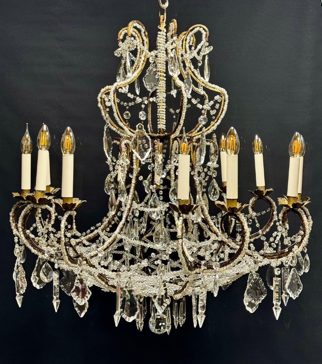 Italian Chandelier Late 19th Century Iron And Cut Pearls 12 Lights 