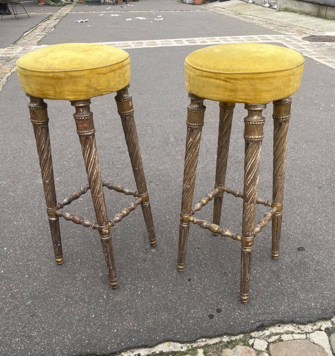 Pair Of Silver And Gold Wooden Bar Stools Italy 1950s 