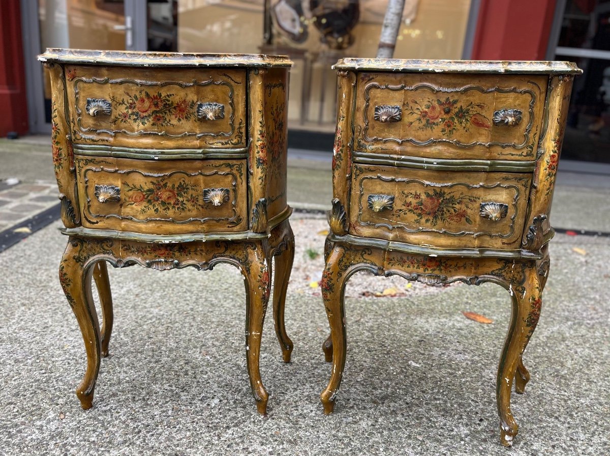 Pair Of Painted Bedside Tables, Italy, Late 19th Century