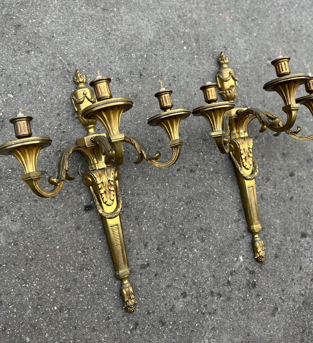 Pair Of Bronze Wall Lights, Louis XVI Style, Early 20th Century