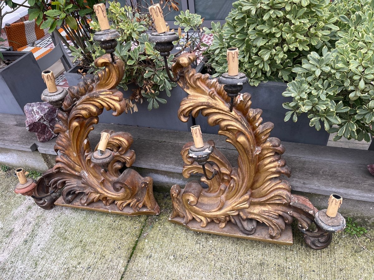 Paire D’appliques En Bois Doré Sculpté De Style Baroque Italien 19 Eme Siècle -photo-2