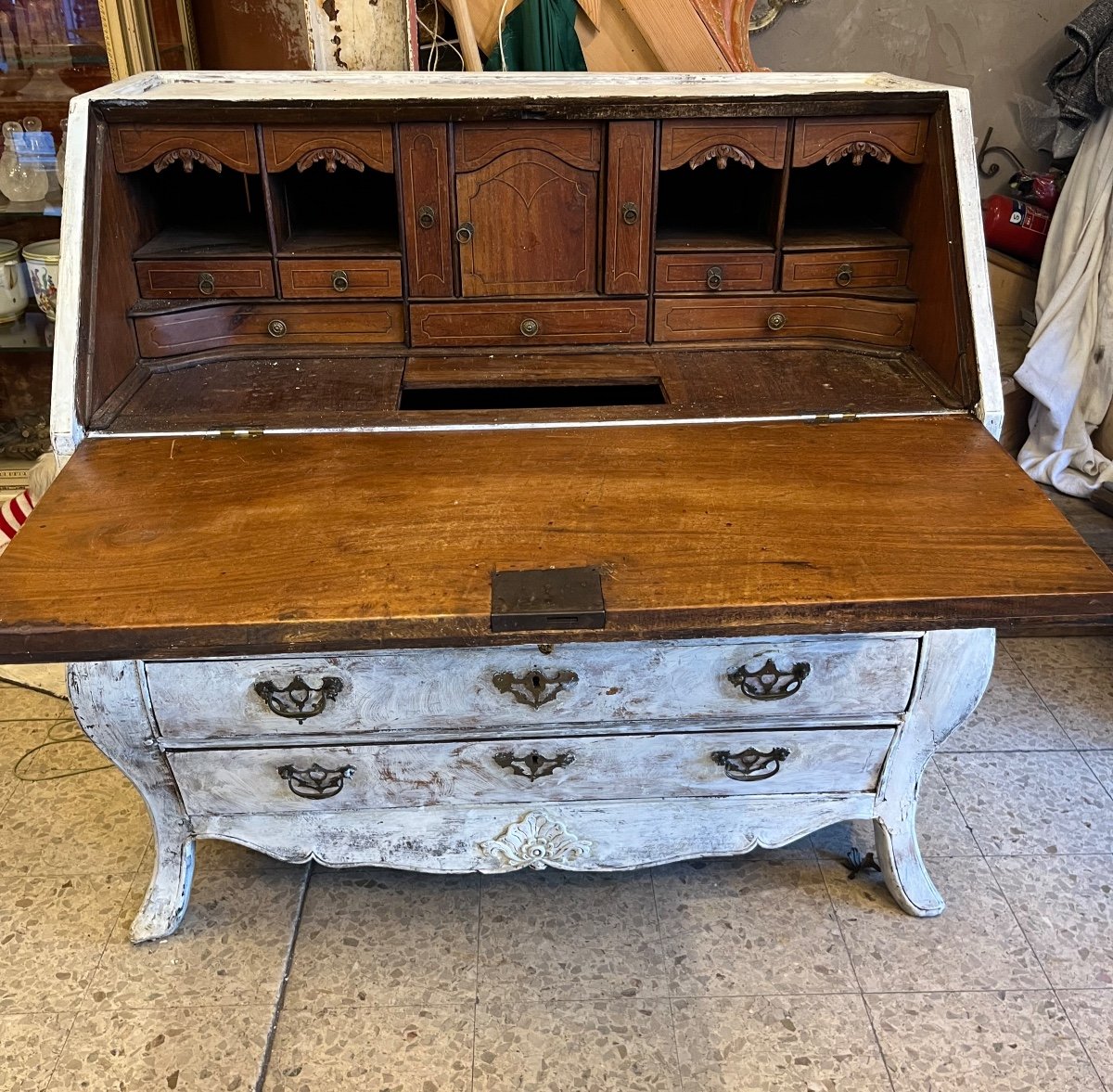 Dutch Walnut Scriban Chest Of Drawers 18th Century Recent White Patina -photo-2