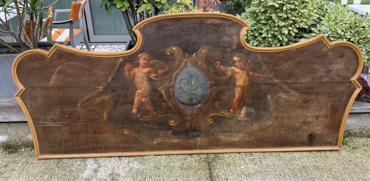 Headboard Made With Oil On Wood 18th Century Decorated With An Italian Coat Of Arms 