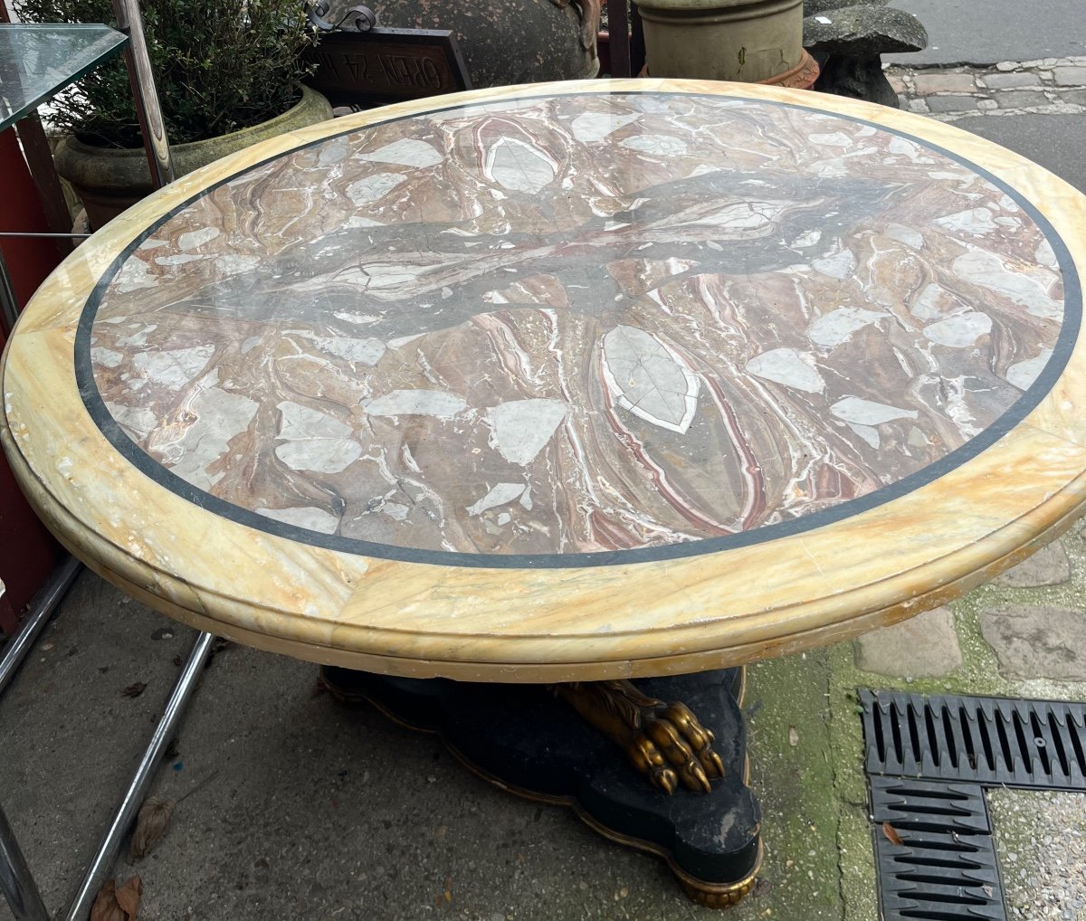 Italian Pedestal Table Gilded Carved Wood Base Marble Top Eclectic Style -photo-2