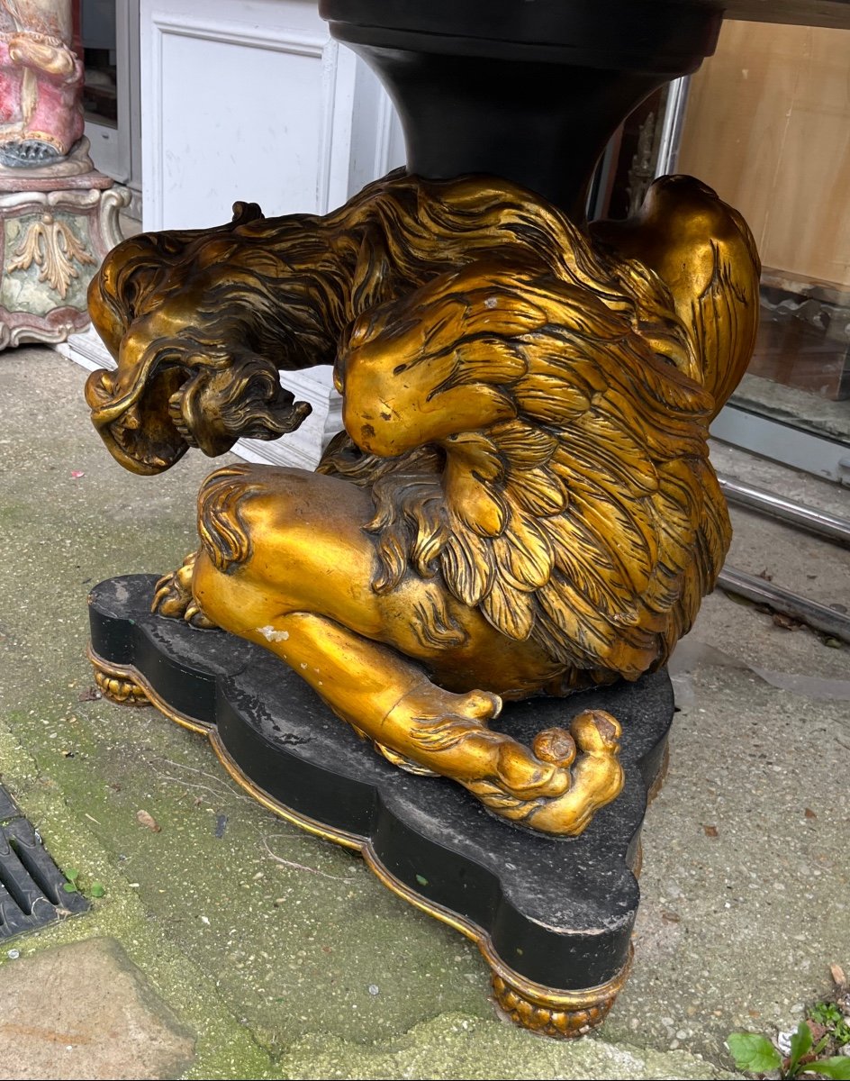 Italian Pedestal Table Gilded Carved Wood Base Marble Top Eclectic Style -photo-3