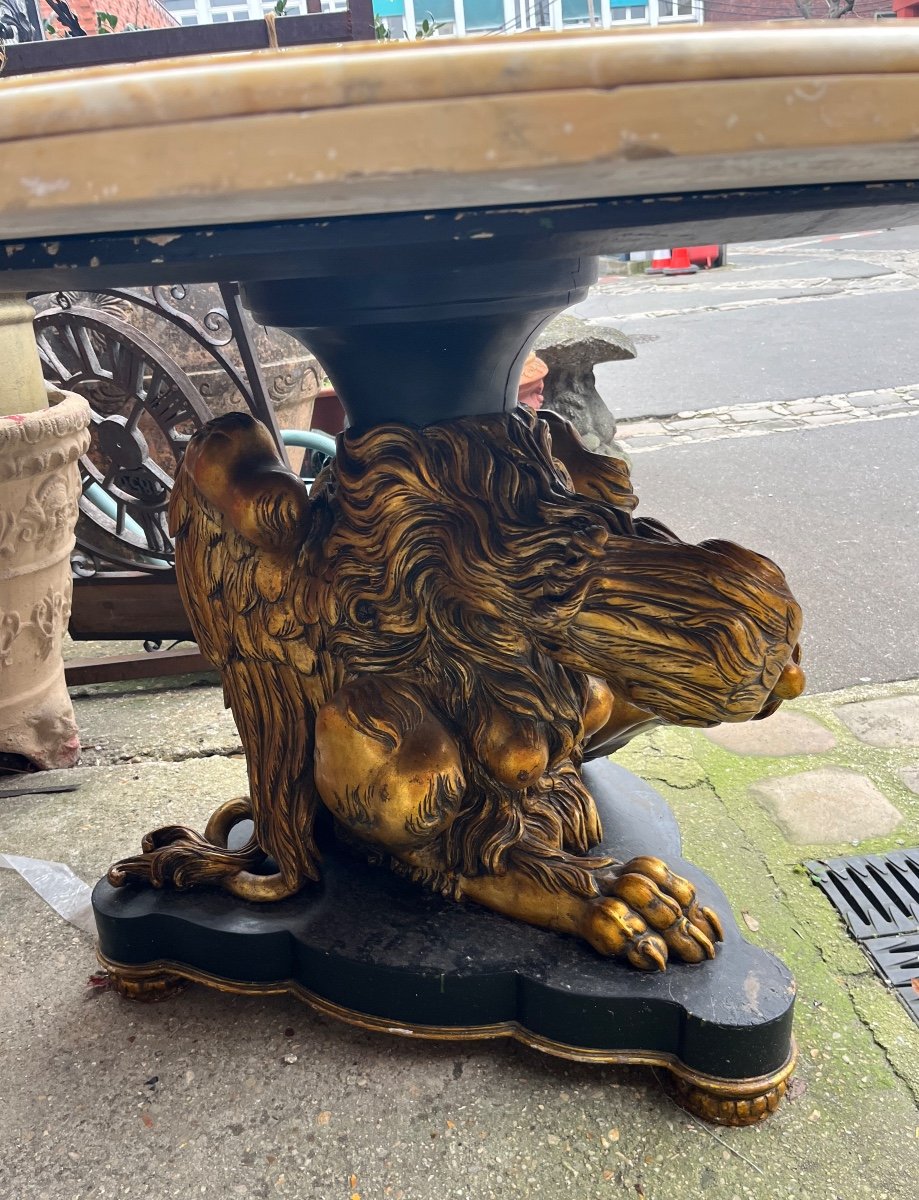 Italian Pedestal Table Gilded Carved Wood Base Marble Top Eclectic Style -photo-4