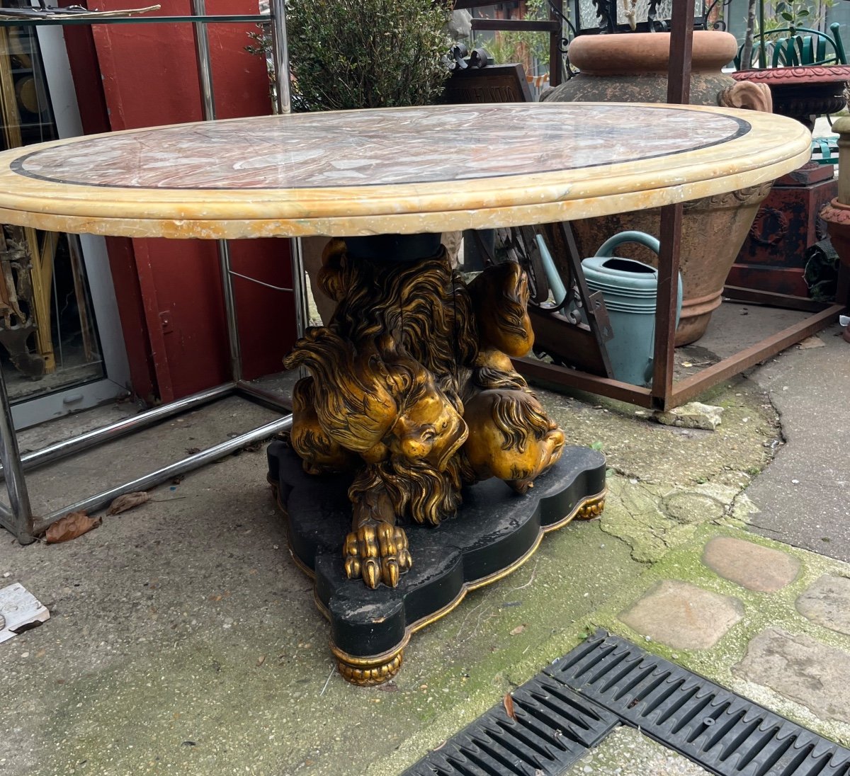 Italian Pedestal Table Gilded Carved Wood Base Marble Top Eclectic Style -photo-1