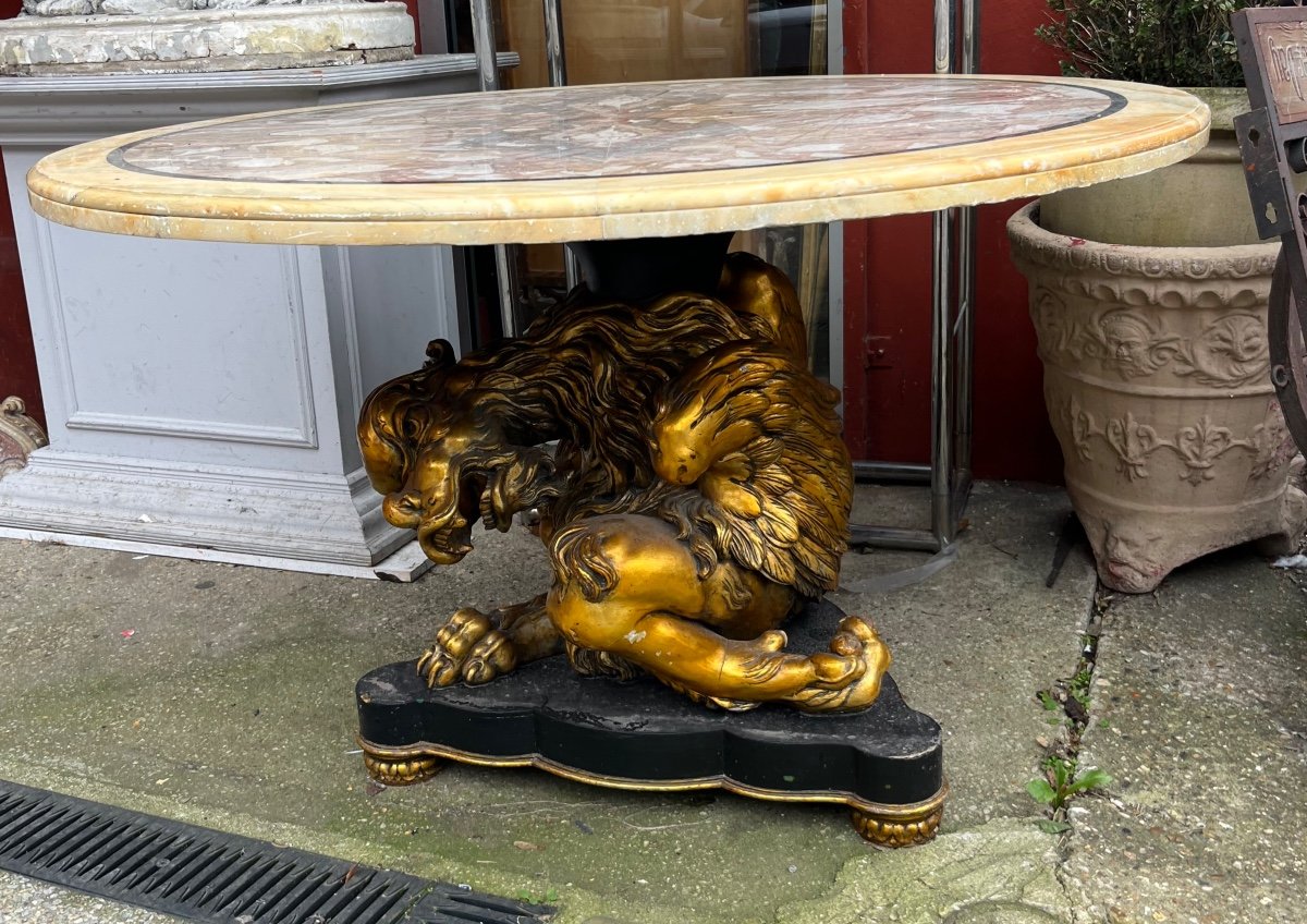 Italian Pedestal Table Gilded Carved Wood Base Marble Top Eclectic Style 